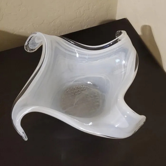 Art Glass Hand Blown Bowl Waffle Bottom White Glass - Picture 2 of 4